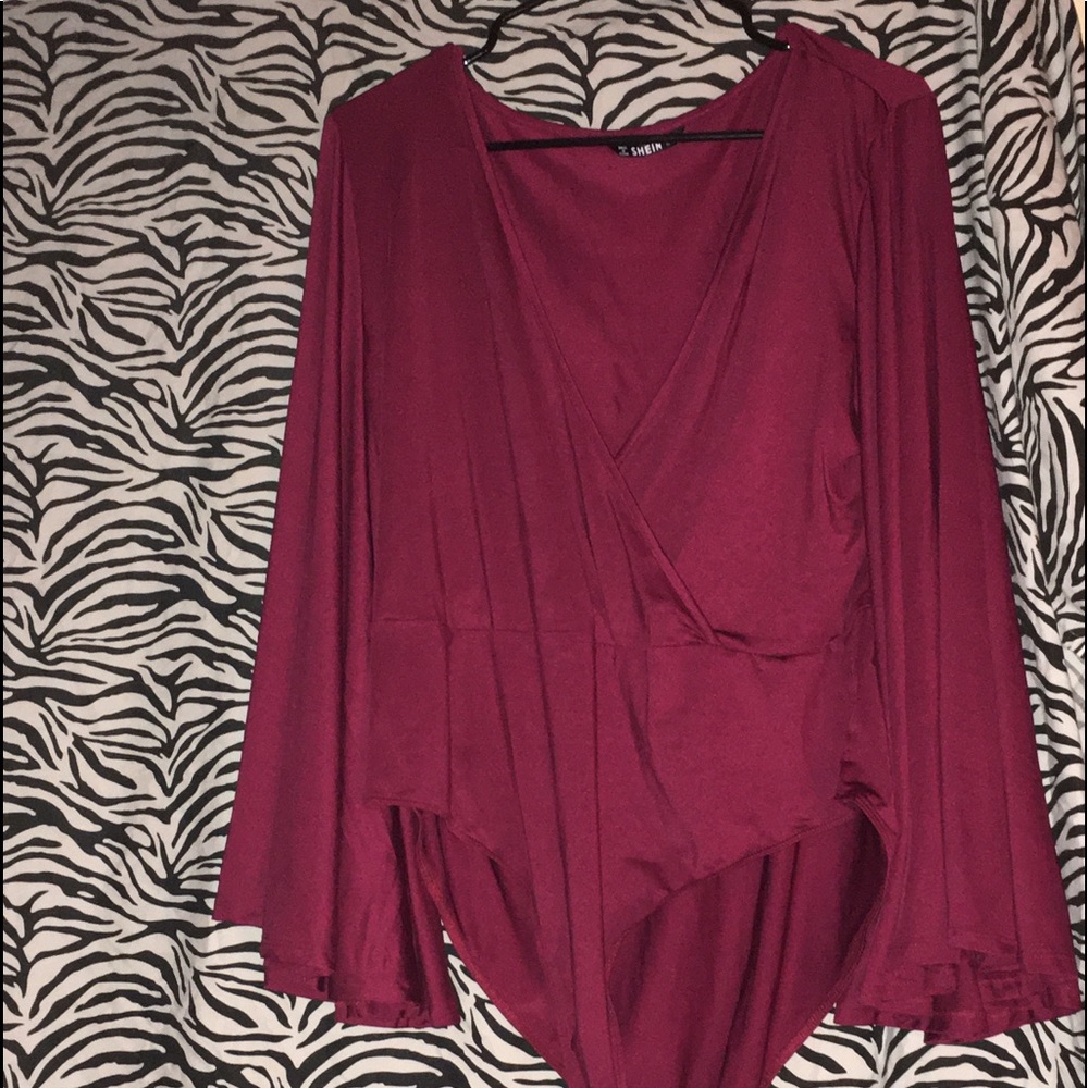 Burgundy bell sleeve body suit